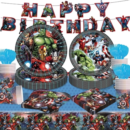 Forfamy Avengers Birthday Party Supplies Set, Avengers Themed Party Tableware Set with Plates Napkins Tablecover, Avengers Theme Party Decorations for Birthday, 122Pcs 20 Guests