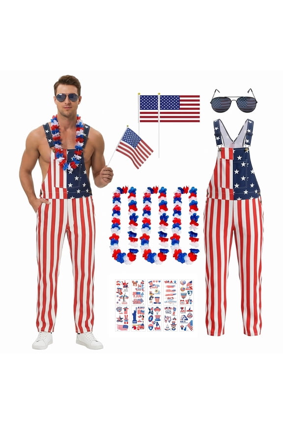 American Flag Overalls Shorts for Men Women Patriotic Overalls Bib Jumpsuit, Adjustable Straps Coveralls with Pockets, Fourth of July