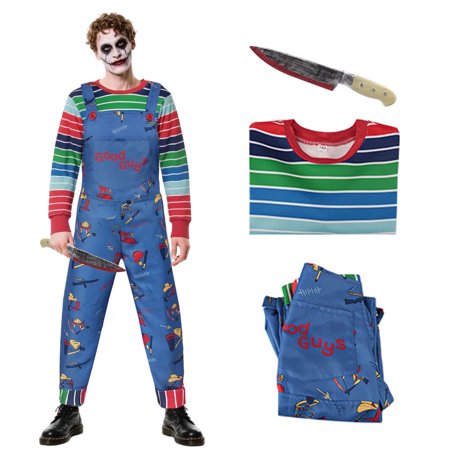 Forfamy Chucky Costume Men Halloween Fancy Dress, Adult Scary Nightmare Killer Doll Movie Character Costume Chucky Doll Cosplay Outfit Set