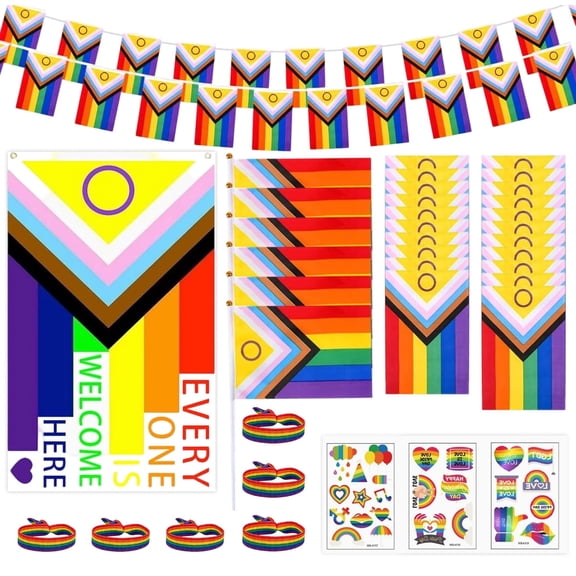 Forfamy Gay Lgbtq Stuff Merch Accessories - Progress Pride Button Pins,Rainbow Gay Pride Flag, Rainbow Pride Banner,Gay Pride Stickers for Pride Parades Pride Month Gay LGBT Party Favor Decor