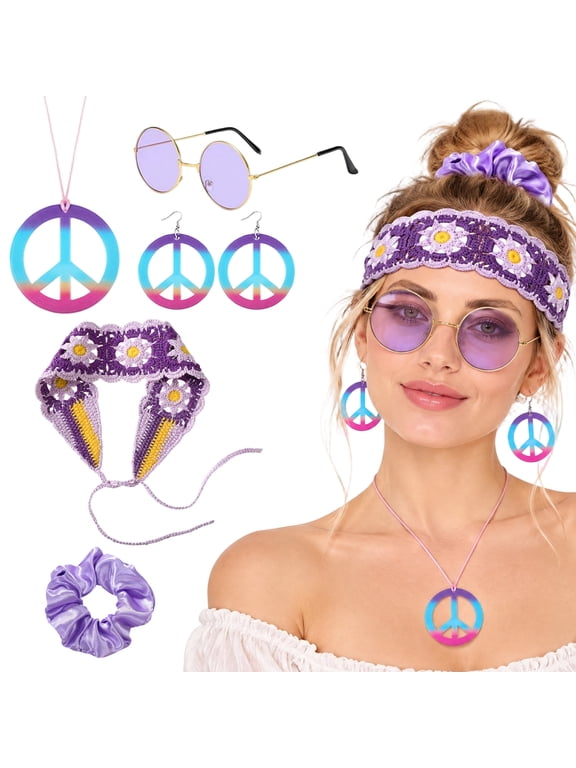 Hippie Accessories for Women 70s Outfits for Women 6Pcs Hippie outfits Hippie Glasses Headband Earrings for 60s 70s Theme Party