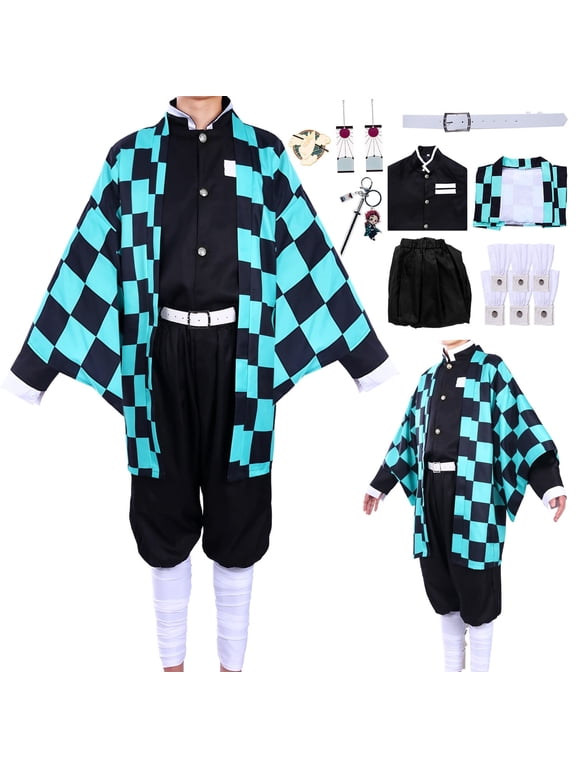 Kamado Tanjiro Cosplay Tanjiro Kimono Costume Anime Outfit Men Women with Earring for Halloween