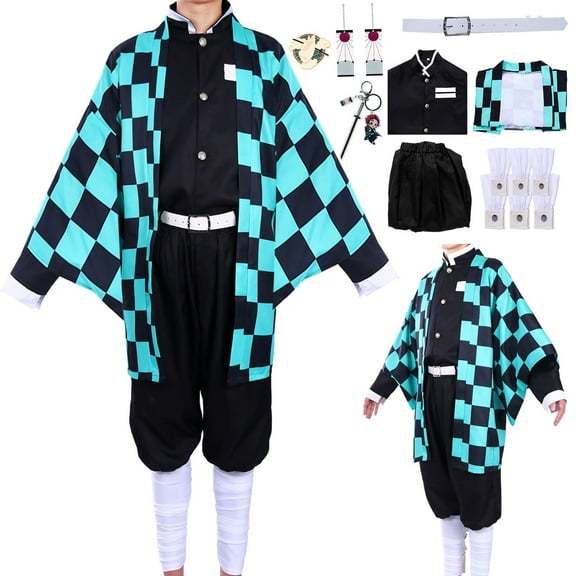 Forfamy Kamado Tanjiro Cosplay Tanjiro Kimono Costume Anime Outfit Men Women with Earring for Halloween