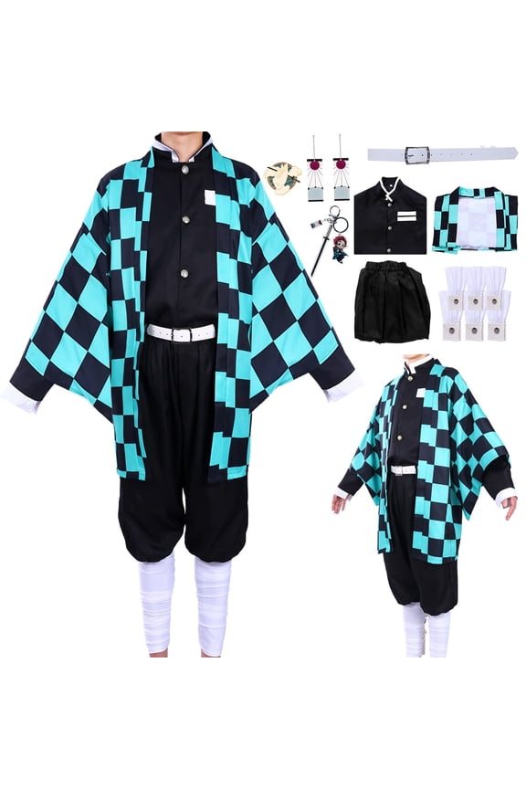 Kamado Tanjiro Cosplay Tanjiro Kimono Costume Anime Outfit Men Women with Earring for Halloween