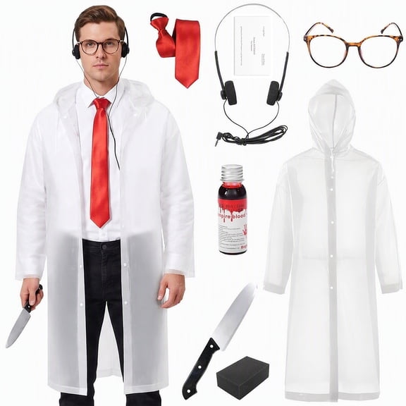 Forfamy Killer Costumes Halloween Cosplay Outfit 5 PCS Scacry Clear Raincoat for Adults Prop Axe Glasses Tie
