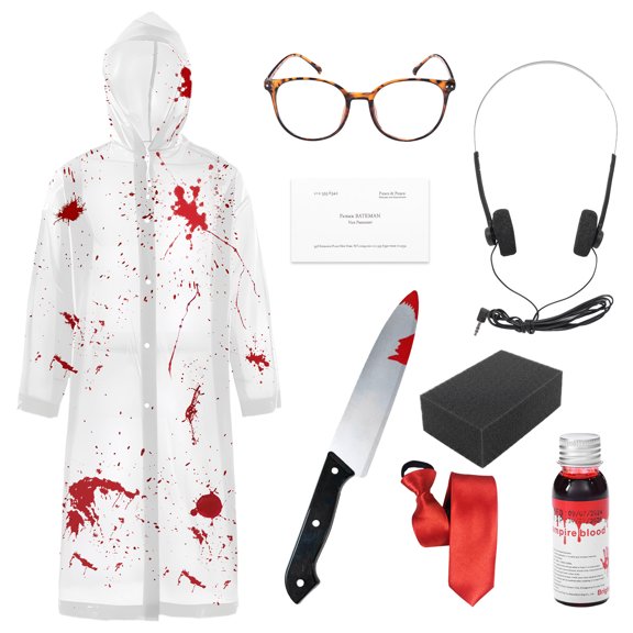 Forfamy Killer Costumes Halloween Cosplay Outfit 5 PCS Scacry Clear Raincoat for Adults Prop Axe Glasses Tie