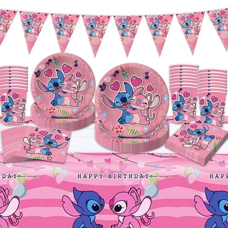 Forfamy Stitch Party Supplies Tableware Set 20 Guests, Stitch Birthday Decorations for Kids Include Pink Paper Plates Cups Napkins and Tablecloth