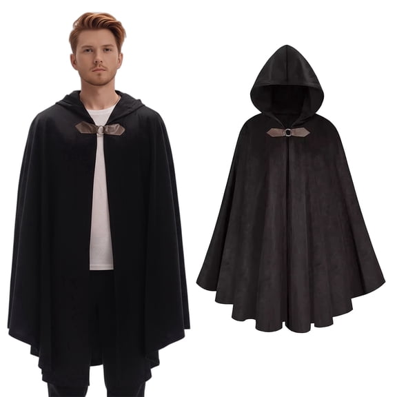 Forfamy Medieval Hooded Cloak Black Cape Renaissance Cloak with Hood Adult Halloween Costumes for Men Women Hooded Velvet Cloak