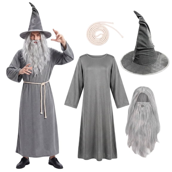 Forfamy Men's Grey Wizard Costume Robe with Hat, Includes Fake Beard, Rope Belt, Adult Fantasy Magician Cosplay for Halloween Parties, Theatre