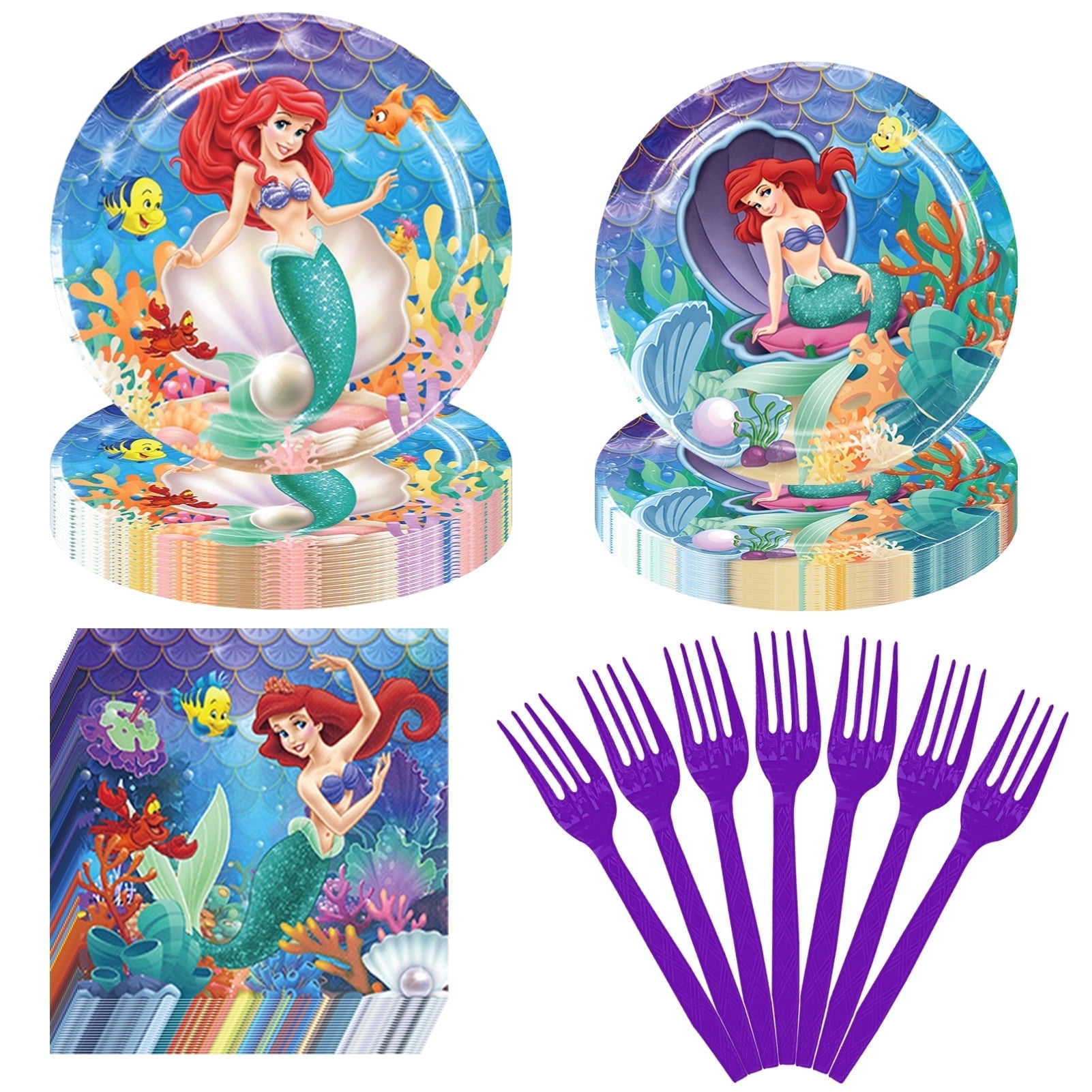 Forfamy Birthday Party Supplies 80Pcs Mermaid Birthday Decorations Supplies Mermaid Plates Napkins, Fork for Purple Theme Party Decorations, Serve 20