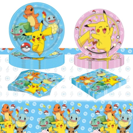 Forfamy Pikachu Birthday Party Supplies Set for 16 Guests with Plates, Napkins, Tablecloth, and Decorations