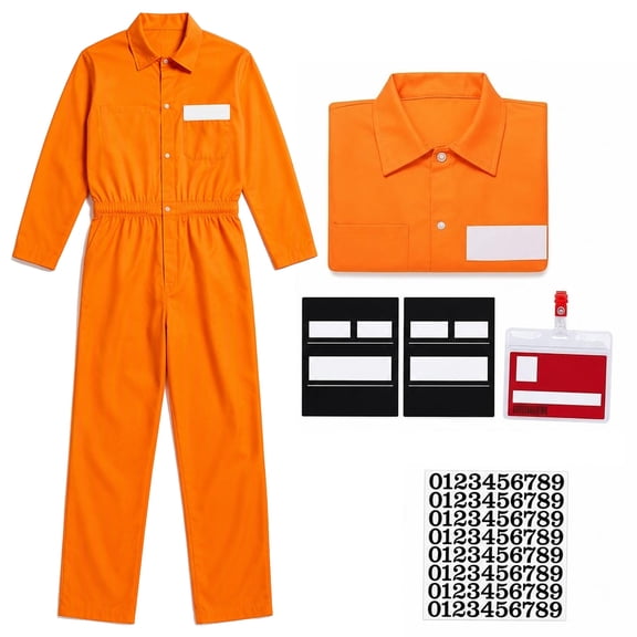 Forfamy Prisoner Costume Men Halloween Outfit, Orange Jumpsuit Adult Fancy Dress Criminal Uniform Overalls Suit Inmate Carnival Cosplay Parties