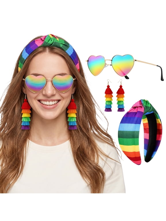 Rainbow Headband with Earrings Glasses Outfit Set Rainbow Accessories LGBTQ Heart Flag Pride Headbands Pride Month Party Favors Gifts