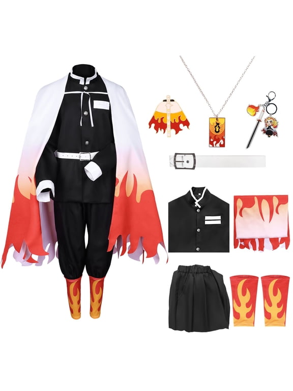 Rengoku Kyoujurou Cosplay Costume Adult Anime Kimono Cosplay Outfit with Necklace for Halloween
