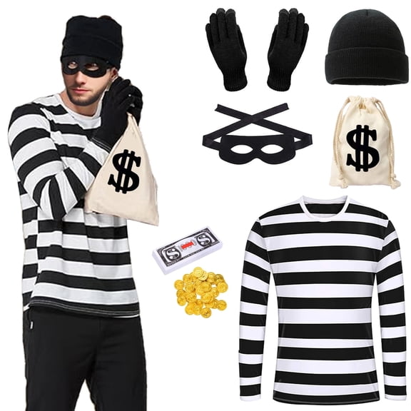 Forfamy Robber Costume Set Adults Halloween Costume Men Black White Striped T-Shirt Black Eye Mask Swag Bag for Halloween Carnival Party Cosplay