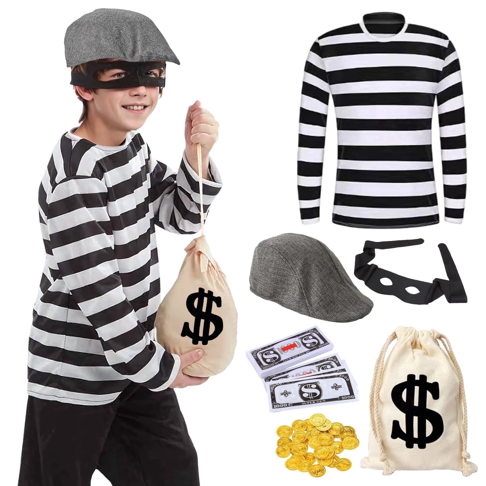 Forfamy Robber Costume Set Burglar Thief Accessories Black & White Striped T-Shirt Black Eye Mask Swag Bag for Criminal Halloween Carnival Party Cosplay