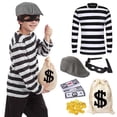 thumbnail image 1 of Forfamy Robber Costume Set Burglar Thief Accessories Black & White Striped T-Shirt Black Eye Mask Swag Bag for Criminal Halloween Carnival Party Cosplay, 1 of 7