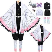 Forfamy Shinobu Cosplay Costume Kids Kochou Shinobu Kimono Cosplay Outfit Women Men Halloween Costume with Earring