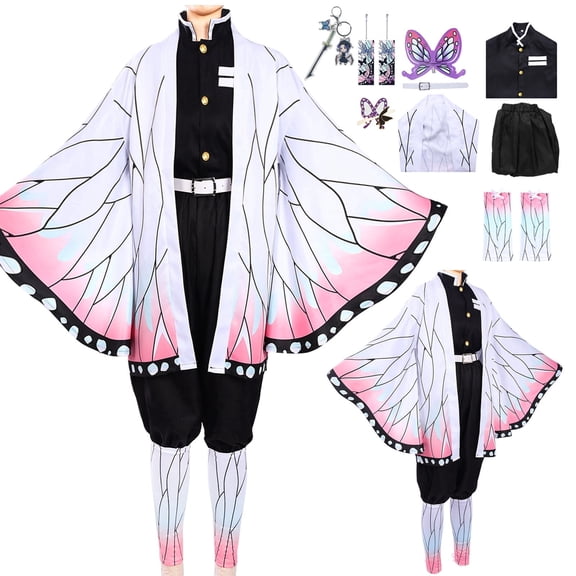 Forfamy Shinobu Cosplay Costume Kochou Shinobu Kimono Cosplay Outfit Women Men Halloween Costume with Earring