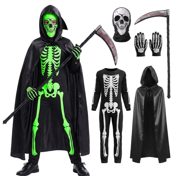 Forfamy Skeleton Costume Glow In The Dark Scary Halloween Costume Fancy Dress Outfits
