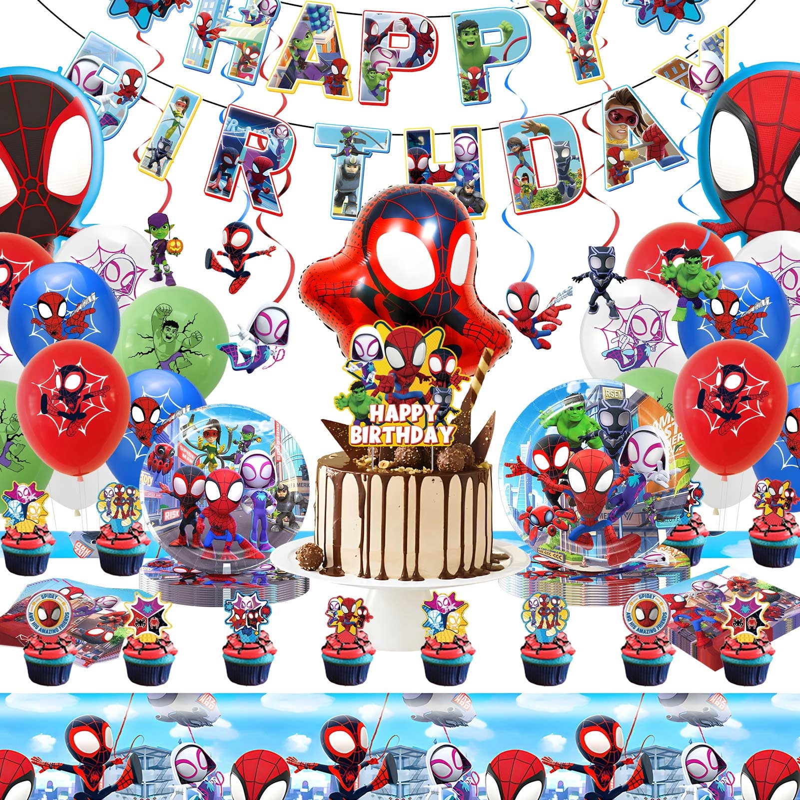Forfamy Spiderman Party Decorations, 76pcs Spiderman Birthday Party Decorations Set Party Tableware Paper Plates And Napkins tablecloth Balloon Cake Topper Banner Party Supplies For Birthday