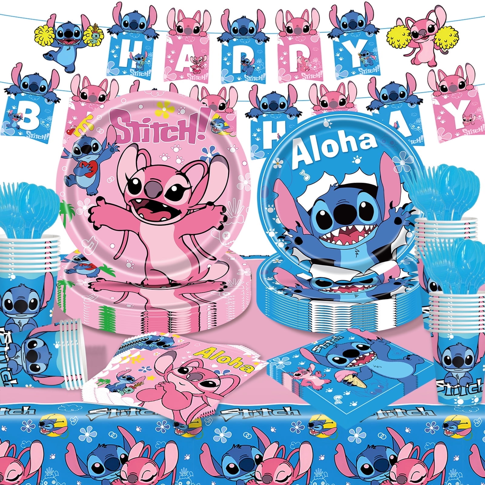 Forfamy Stitch Birthday Party Decorations,Stitch Plates and Napkins Party Supplies for 82Pcs 20 Guests,Pink Blue Theme Tableware Set for Kids Birthday