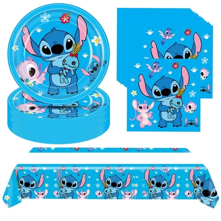 Forfamy Stitch Birthday Party Supplies, 20 Plates 20 Napkins and Tablecloth for Girls Boys Blue Stitch Birthday Party Decorations