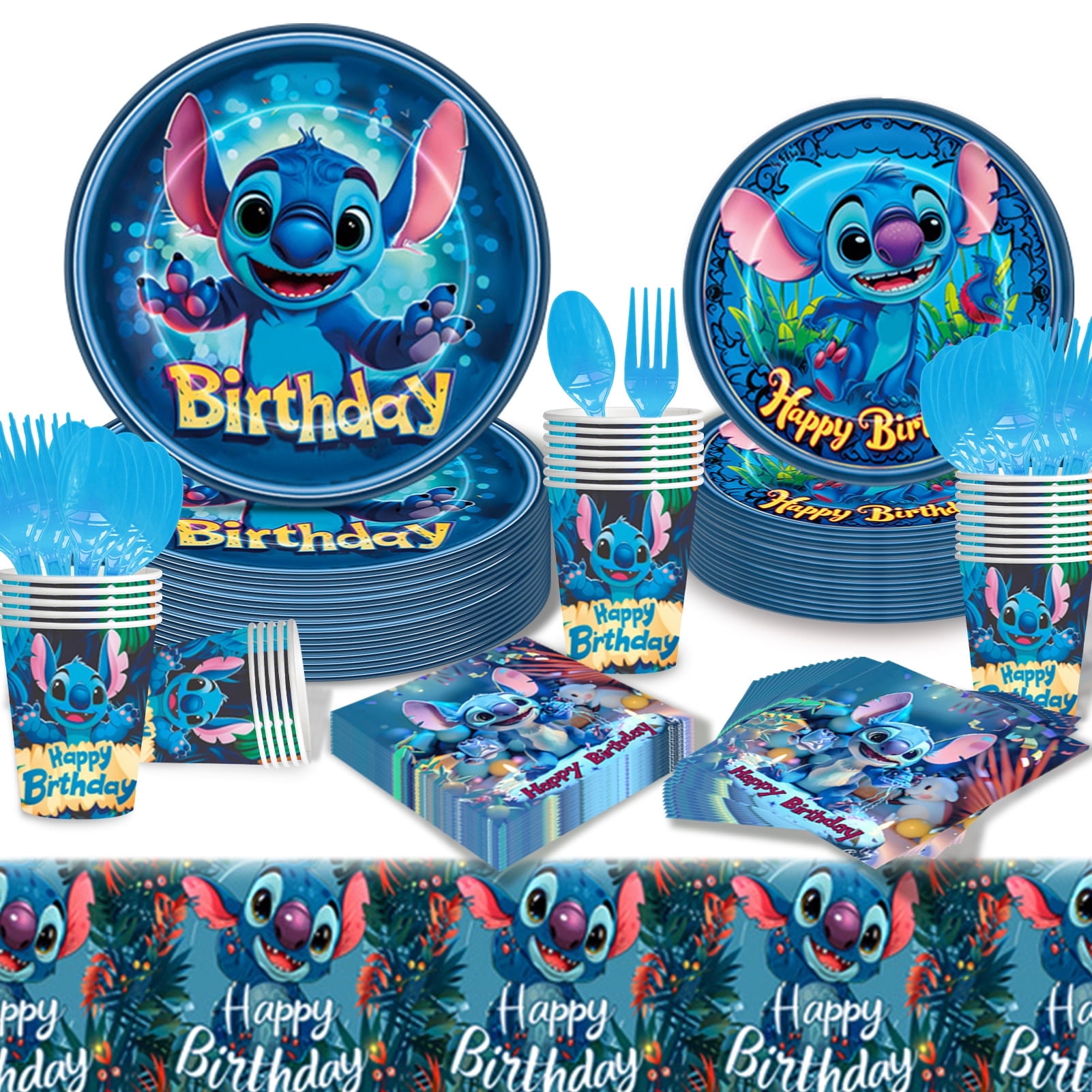 Forfamy Stitch Birthday Party Supplies, Holiday Party Tableware Decorations Pack with Paper Plates and Napkins Tablecloth Serves 20