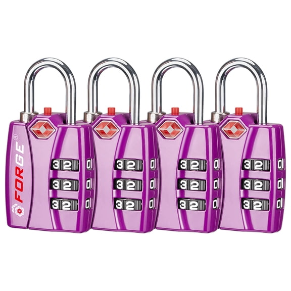 Forge TSA Approved Luggage Locks - 4 Pack Purple - Lifetime Warranty, Open Alert Indicator, Alloy Body, Quality Steel Shackle