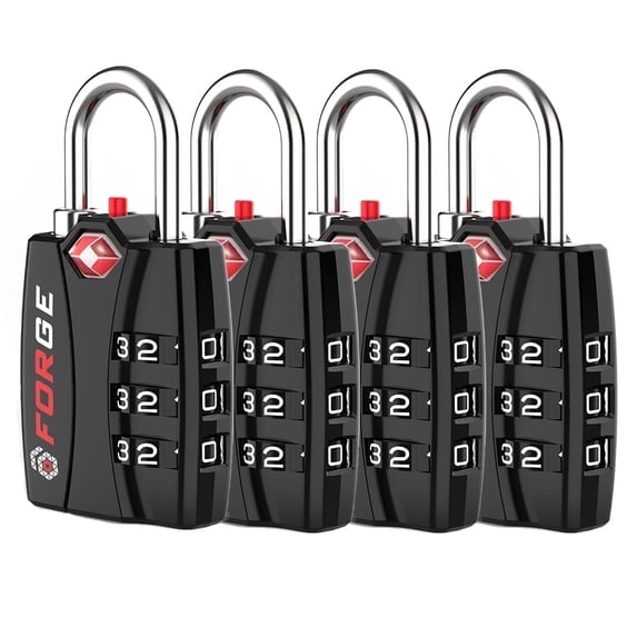 Forge TSA Approved Luggage Locks - Black 4 Pack - Lifetime Warranty, Easy Read Dials, Open Alert Indicator, Alloy Body