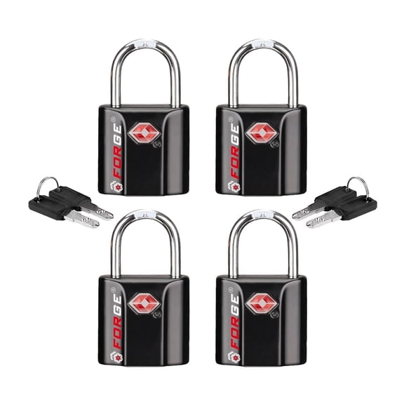 Forge TSA Approved Key Locks Luggage Lock, Black 4 Pack. Ultra-Secure TSA006 Dimple Key Travel Locks, Lifetime Warranty.