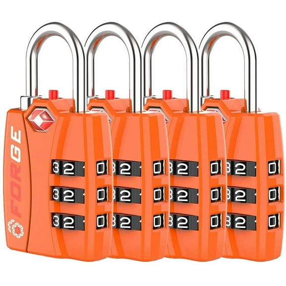 Forge TSA Luggage Combination Lock - Open Alert Indicator, Easy Read Dials, Alloy Body- Ideal for Travel, Lockers, Bags (orange 4pk)