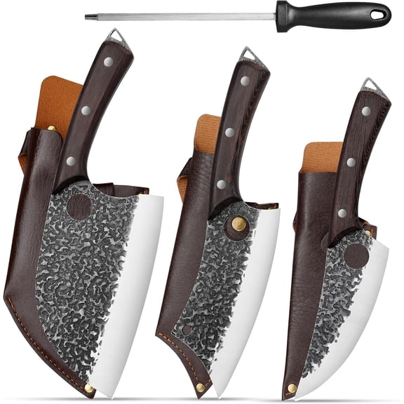 Forged Butcher Knife Set: Comfortable Handle for Long Use - 3PCS Viking Kitchen Knives Set for Mens - Handmade Cooking Meat Cleaver for Cutting and Chopping