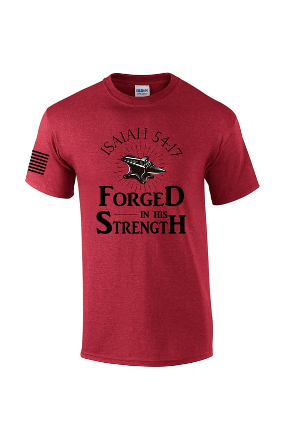Forged In His Strength Isaiah 54:17 Jesus Mens Christian Short Sleeve T-Shirt Graphic Tee-Heather Cardinal-xl