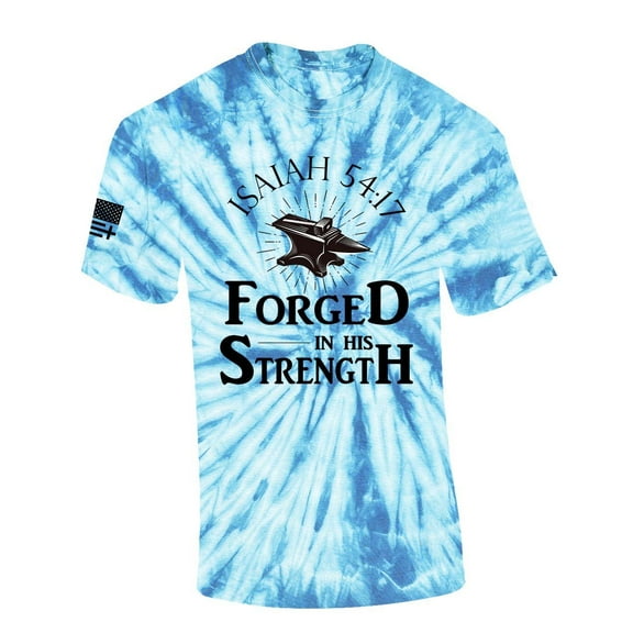 Forged In His Strength Isaiah 54:17 Jesus Mens Christian Short Sleeve T-Shirt Graphic Tee-Light Blue Tie Dye-medium
