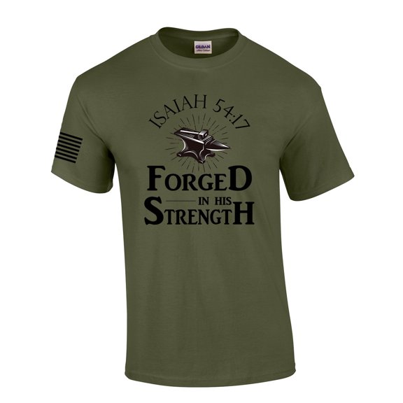 Forged In His Strength Isaiah 54:17 Jesus Mens Christian Short Sleeve T-Shirt Graphic Tee-Military Green-6xl