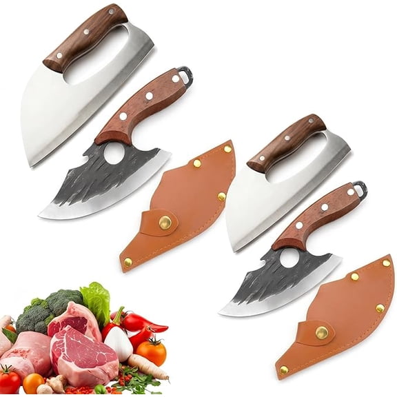 Forged Kitchen Meat Cleaver Knife Set, 2027 Chopping Butcher Fixed Blade Sharp Carbon Steel Cooking Viking Knife with Leather Sheath for Kitchen Camping Outdoor Gifts