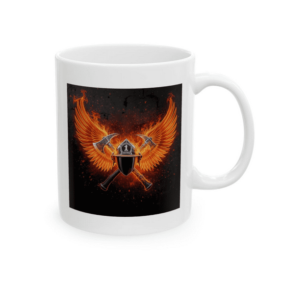Forged in Flame Firefighter Coffee Mug – Storm Response Series – 11 oz Ceramic Cup with Fire Helmet & Axe Wing Design