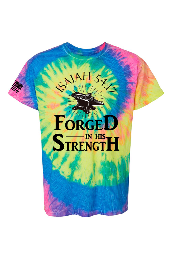 Forged in His Strength Isaiah 54:17 Jesus Mens Christian Short Sleeve T-Shirt Graphic-Neon Rainbow-small