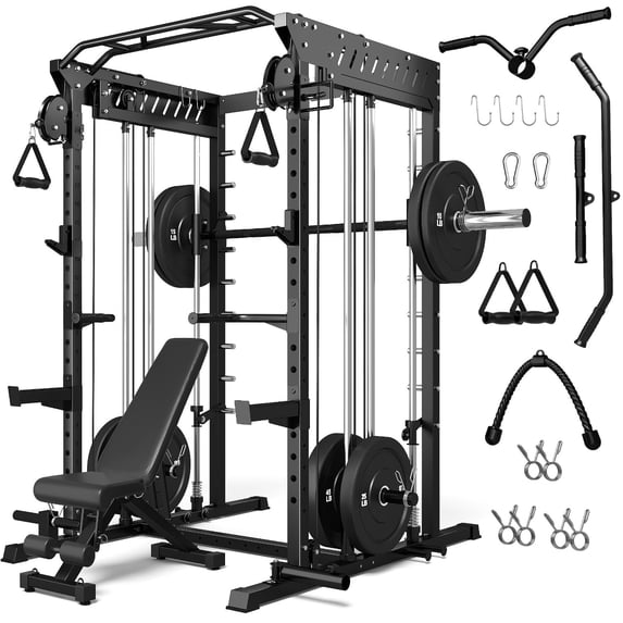 Forgemus Smith Machine,Multi-Function Power Cage with Dual Pulley Cable Crossover System,2000LBS All-in-One Squat Rack with Smith Bar and Attachments,Workout Machine for Home Gym