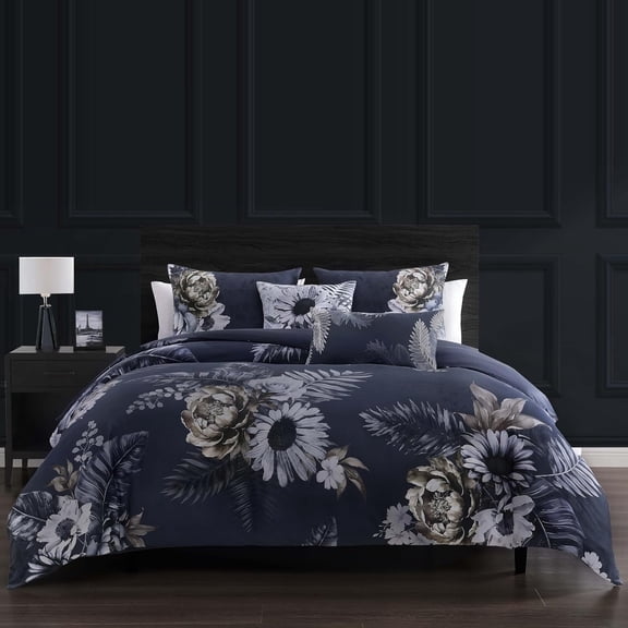 Forget Me Not 100% Cotton Sateen 5 Piece Comforter Set, Reversible, Polyfill, Dark Blue Floral Printed Pattern, 1 Comforter, 2 Shams, 2 Pillows (King/Cal King)