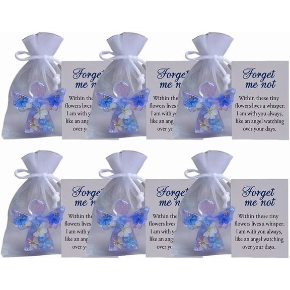 Forget Me Not Dried Flower Angel Keepsake, Mini Resin Guardian Angel Figurine with Organza Bag and Sympathy Card, Memorial Pocket Hug Token for Loss of Loved One Remembrance(6PCS)