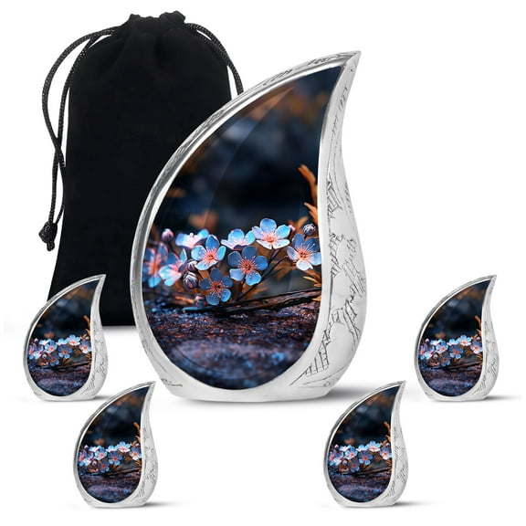 Forget Me Forest Flower Large Urns For Human Ashes Adult Female - Funeral Mini Urn For Ashes Adult Male -Handmade Unique Gifts For Decorative Combo 10Inch 200Lbs And 3Inch 4 Keepsake Urn