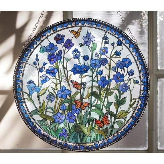 Forget Me Not Butterfly Stained Glass Suncatcher, Floral Window Hanging, Garden Decor, Botanical Suncatcher Decor, Gift For Mother's Day