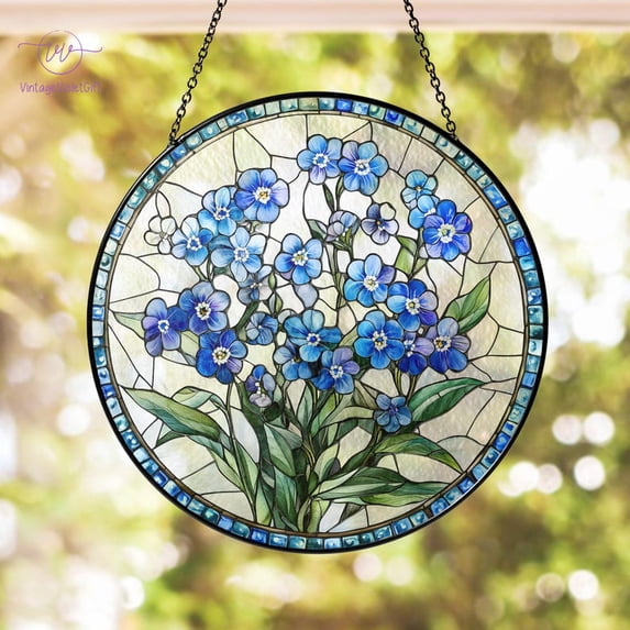 Forget-Me-Not Flower Stained Glass Suncatcher, Flower Window Hanging, Floral Sun Catcher, Nature Inspired Art, Botanical Glass Home Decor