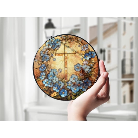 Forget Me Not Glass Suncatcher with Cross v2, Miscarriage Keepsake, Sympathy, 3.5 in