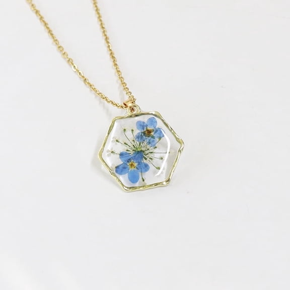 Forget-Me-Not Pressed Flower Necklace Gold Pressed Flower Pendant Necklace  Real Wildflowers Necklace,Personalized Handmade Jewelry, Gifts for Valentine's Day, Birthday, Mother's Day, Christmas