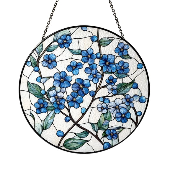 Forget Me Not Stained Glass Suncatcher, Blue Floral Window Hanging Panel, Botanical Nature Art Home Decor Gift for Spring
