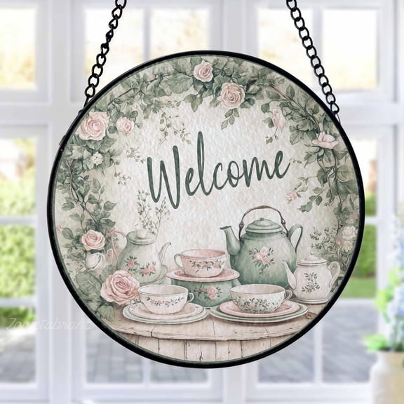 Welcome Tea Party Stained Glass Suncatcher Metal Outdoor Decor Shabby Chic Floral Pastel Green Pink