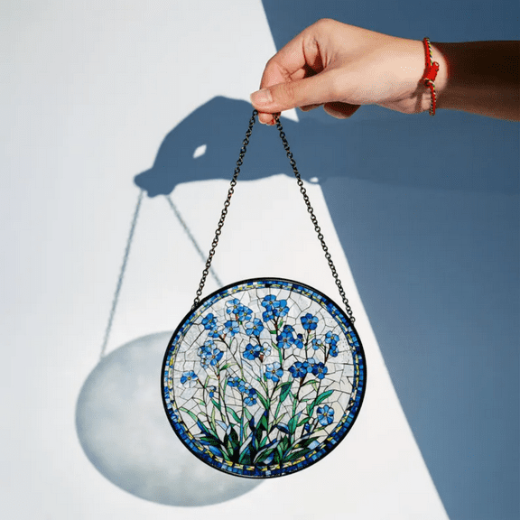 Forget-Me-Not Stained Glass Window Hanging, Floral Home Decor for Mom